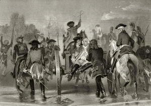 Mortally wounded General Edward Braddock retreats from the Monongahela River in 1755 after an attack from French and Indian Forces, from 'Life and Times of Washington', Volume I,  1857